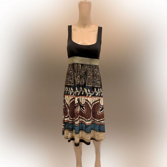 Purple Rain Strap black batik themed dress Sz M gold band - Picture 1 of 8